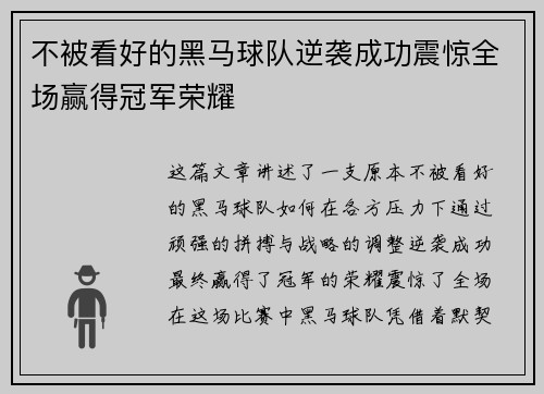 不被看好的黑马球队逆袭成功震惊全场赢得冠军荣耀