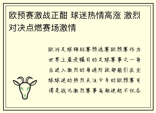 欧预赛激战正酣 球迷热情高涨 激烈对决点燃赛场激情