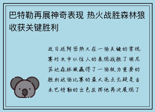 巴特勒再展神奇表现 热火战胜森林狼收获关键胜利